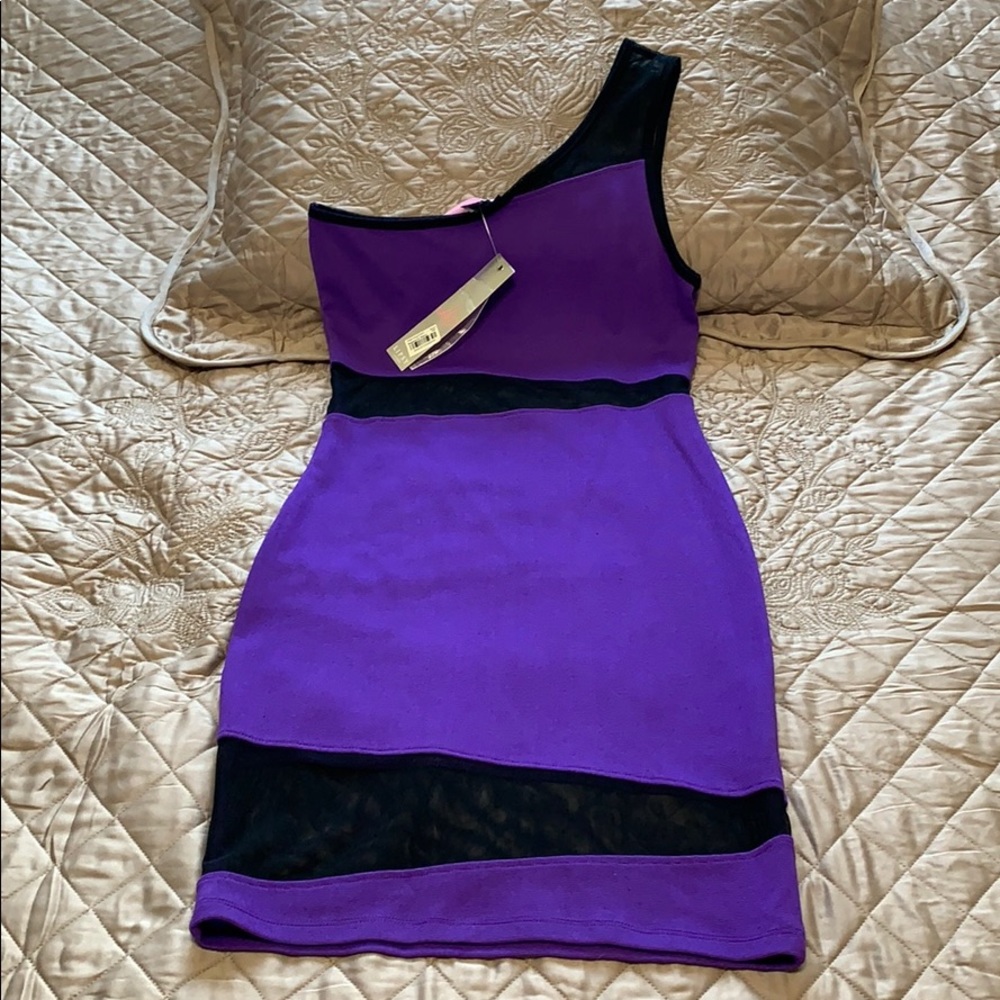 NWT - Mesh Panel One Shoulder Purple Fitted Dress